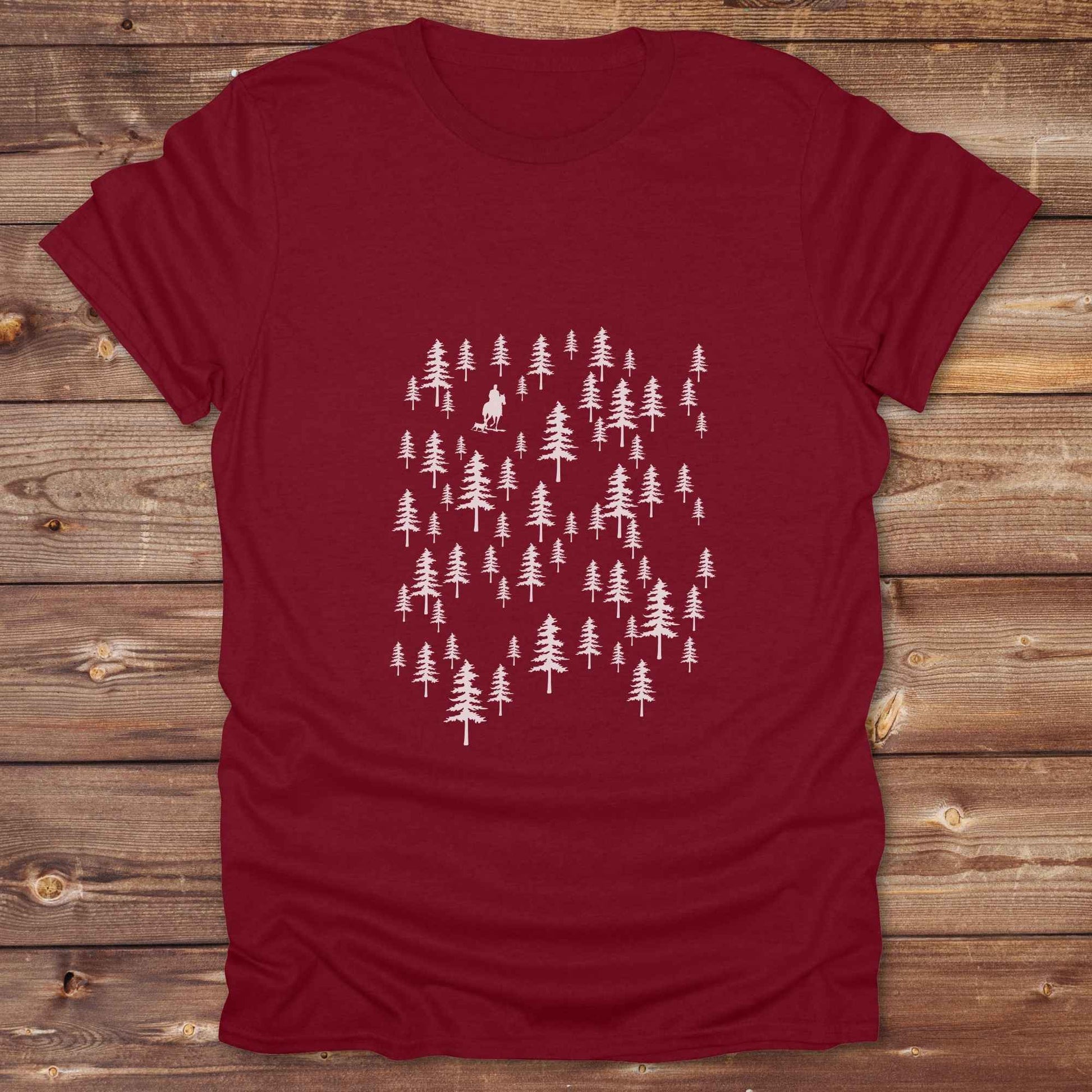 Fun western t-shirt featuring horse themed design for cowgirls, cowboys, horse lovers and equestrians, perfect for rodeo lovers, rustic style fans, and horse people. Unique graphic tee by Lasso and Loom.  Forest with hors