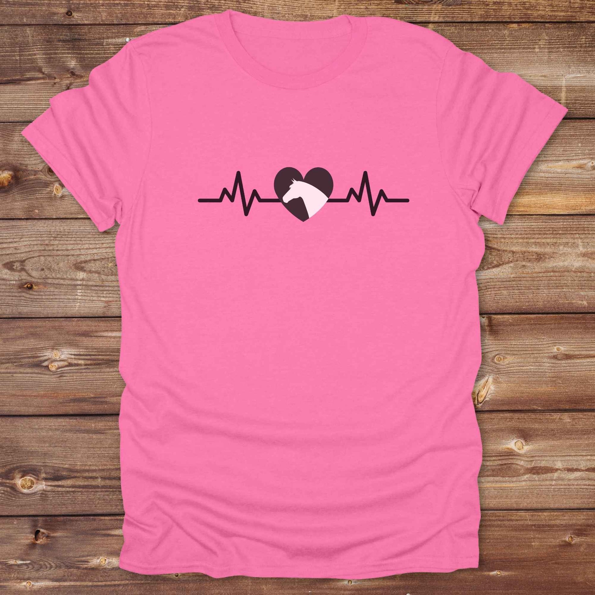 Fun western t-shirt featuring horse themed design for cowgirls, cowboys, horse lovers and equestrians, perfect for rodeo lovers, rustic style fans, and horse people. Unique graphic tee by Lasso and Loom. Heartbeat with a horse in black.