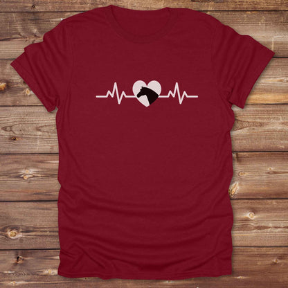 Fun western t-shirt featuring horse themed design for cowgirls, cowboys, horse lovers and equestrians, perfect for rodeo lovers, rustic style fans, and horse people. Unique graphic tee by Lasso and Loom. Heartbeat with a horse in black.