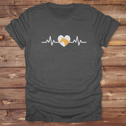 Fun western t-shirt featuring horse themed design for cowgirls, cowboys, horse lovers and equestrians, perfect for rodeo lovers, rustic style fans, and horse people. Unique graphic tee by Lasso and Loom. Heartbeat with a horse in orange.