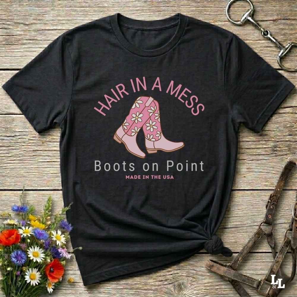 Fun western t-shirt featuring horse themed design for cowgirls, cowboys, horse lovers and equestrians, perfect for rodeo lovers, rustic style fans, and horse people. Unique graphic tee by Lasso and Loom. Hair in a Mess Boots on Point.