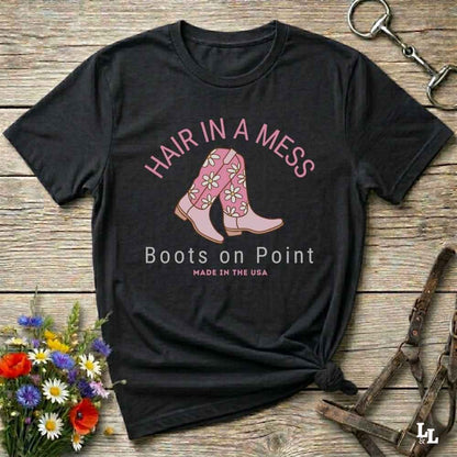 Fun western t-shirt featuring horse themed design for cowgirls, cowboys, horse lovers and equestrians, perfect for rodeo lovers, rustic style fans, and horse people. Unique graphic tee by Lasso and Loom. Hair in a Mess Boots on Point.