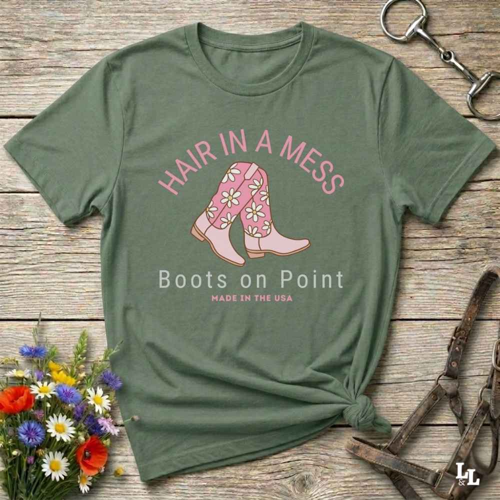 Fun western t-shirt featuring horse themed design for cowgirls, cowboys, horse lovers and equestrians, perfect for rodeo lovers, rustic style fans, and horse people. Unique graphic tee by Lasso and Loom. Hair in a Mess Boots on Point.