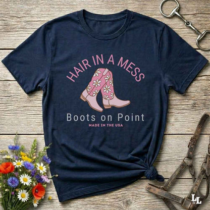Fun western t-shirt featuring horse themed design for cowgirls, cowboys, horse lovers and equestrians, perfect for rodeo lovers, rustic style fans, and horse people. Unique graphic tee by Lasso and Loom. Hair in a Mess Boots on Point.