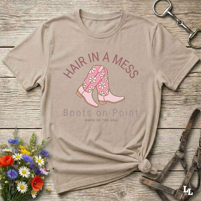 Fun western t-shirt featuring horse themed design for cowgirls, cowboys, horse lovers and equestrians, perfect for rodeo lovers, rustic style fans, and horse people. Unique graphic tee by Lasso and Loom. Hair in a Mess Boots on Point.