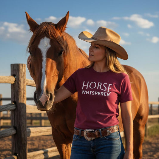 Horse Whisperer T-Shirt, Horse Lover Tee, Western Style Cowgirl Shirt, Equine Riding T-Shirt worn by woman in cardinal red