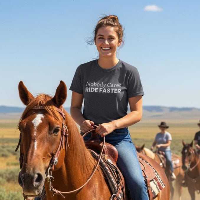lifestyle Nobody Cares Ride Faster T-Shirt for Horse Lovers, Fun Tee Cowgirl Shirt, Western Style T-Shirt