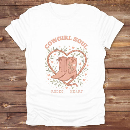 Cowgirl Soul with Cowboy Boots. Fun western t-shirt featuring horse themed design for cowgirls, cowboys, and equestrians — perfect for rodeo lovers, rustic style fans, and horse people. Unique graphic tee by Lasso and Loom.