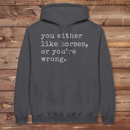 Dark gray You Either Like Horses or You're Wrong Hoodie for Horse Riders, Trail Riding Sweatshirt