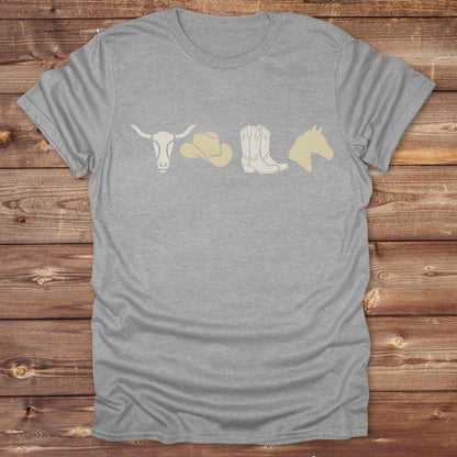 Embrace western vibes with this boho inspired graphic tee, featuring cowboy icons and perfect for horse lovers and rodeo fans. Designed for cowgirls, cowboys, and equestrian souls, Whether you're headed to the rodeo or relaxing at the ranch, this cowboy hat and boots tee adds a bold country aesthetic. Featuring a longhorn skull, cowboy hat, cowboy boots and horse.