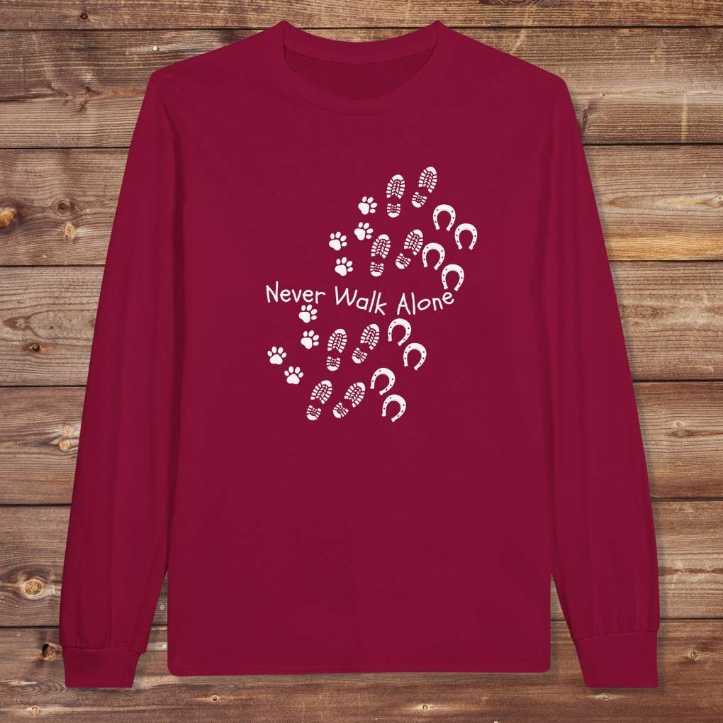 Red Never Walk Alone Long Sleeve Tee for Horse Lovers, Equestrian Apparel, Trail Riding Tee