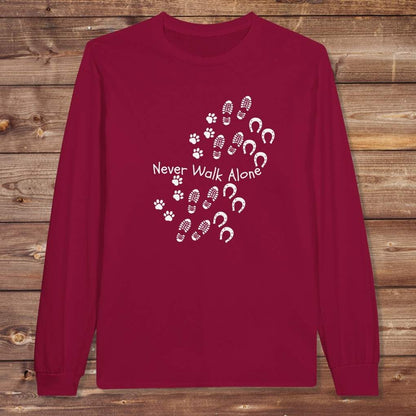 Red Never Walk Alone Long Sleeve Tee for Horse Lovers, Equestrian Apparel, Trail Riding Tee