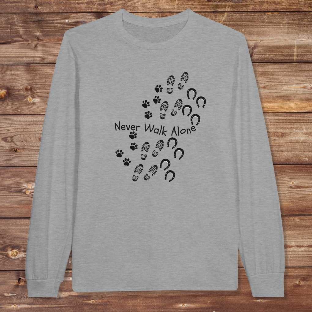 Gray Never Walk Alone Long Sleeve Tee for Horse Lovers, Equestrian Apparel, Trail Riding Tee