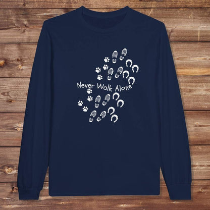 Navy Blue Never Walk Alone Long Sleeve Tee for Horse Lovers, Equestrian Apparel, Trail Riding Tee