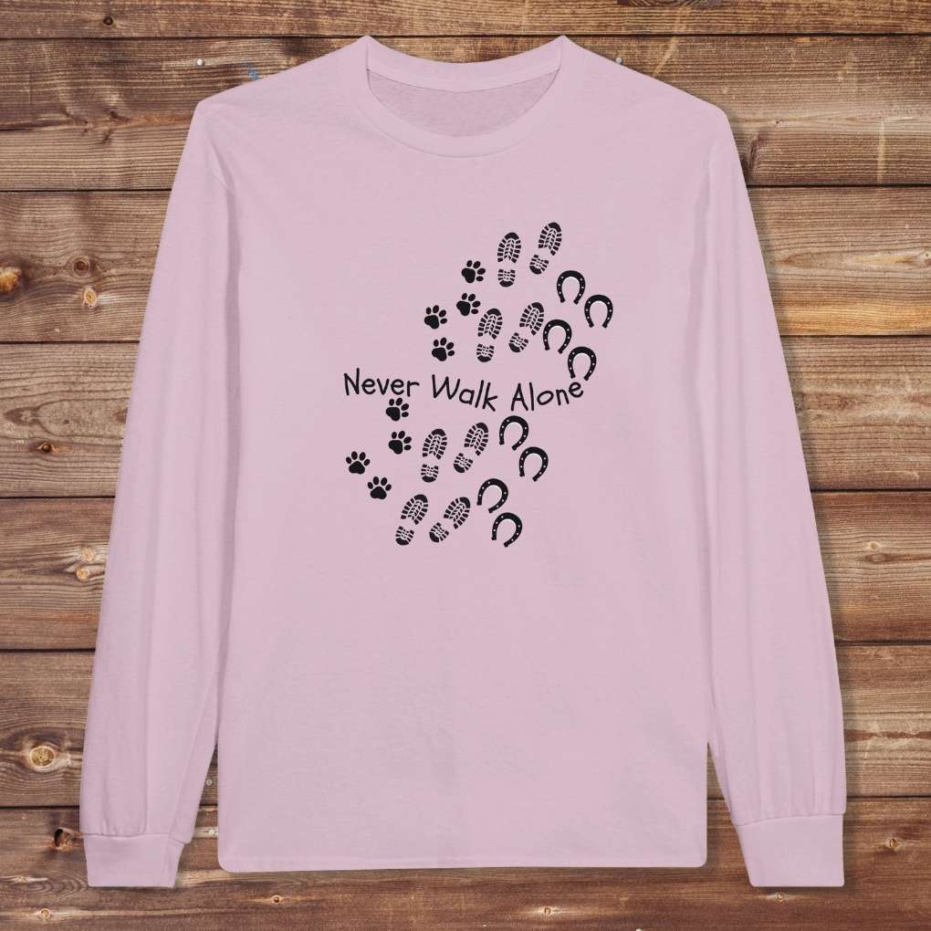 Pink Never Walk Alone Long Sleeve Tee for Horse Lovers, Equestrian Apparel, Trail Riding Tee