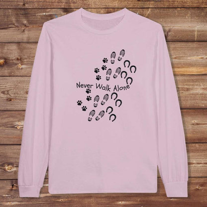 Pink Never Walk Alone Long Sleeve Tee for Horse Lovers, Equestrian Apparel, Trail Riding Tee
