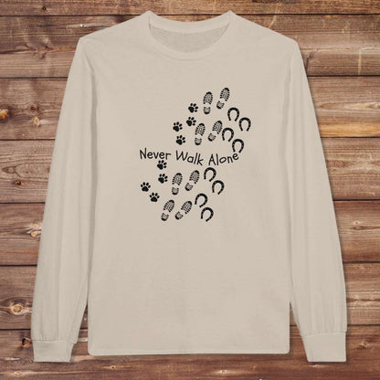 Beige Never Walk Alone Long Sleeve Tee for Horse Lovers, Equestrian Apparel, Trail Riding Tee