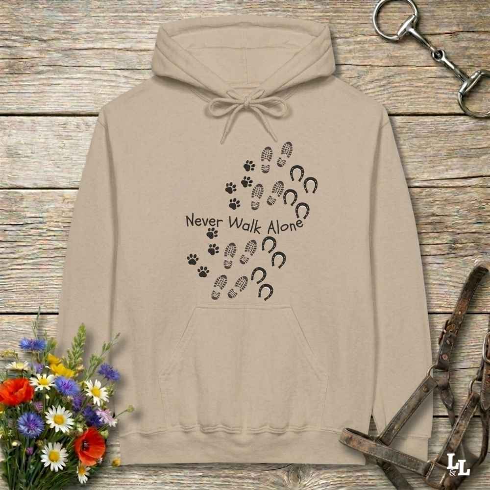 beige  Never Walk Alone Hoodie. Horse Rider Hoodie for Equestrian and Horse Lovers.