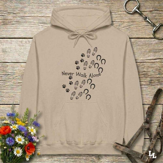 beige  Never Walk Alone Hoodie. Horse Rider Hoodie for Equestrian and Horse Lovers.