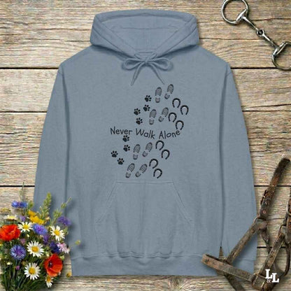 blue  Never Walk Alone Hoodie. Horse Rider Hoodie for Equestrian and Horse Lovers.