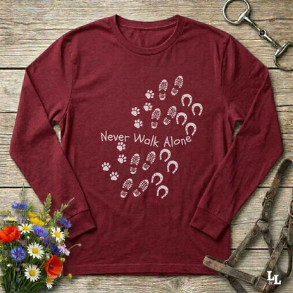 red Walk Alone Long Sleeve Tee for Horse Lovers, Equestrian Apparel, Trail Riding Tee
