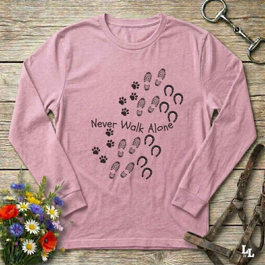 pink Walk Alone Long Sleeve Tee for Horse Lovers, Equestrian Apparel, Trail Riding Tee