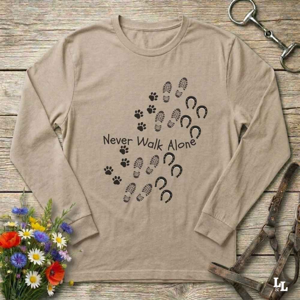 beige Walk Alone Long Sleeve Tee for Horse Lovers, Equestrian Apparel, Trail Riding Tee