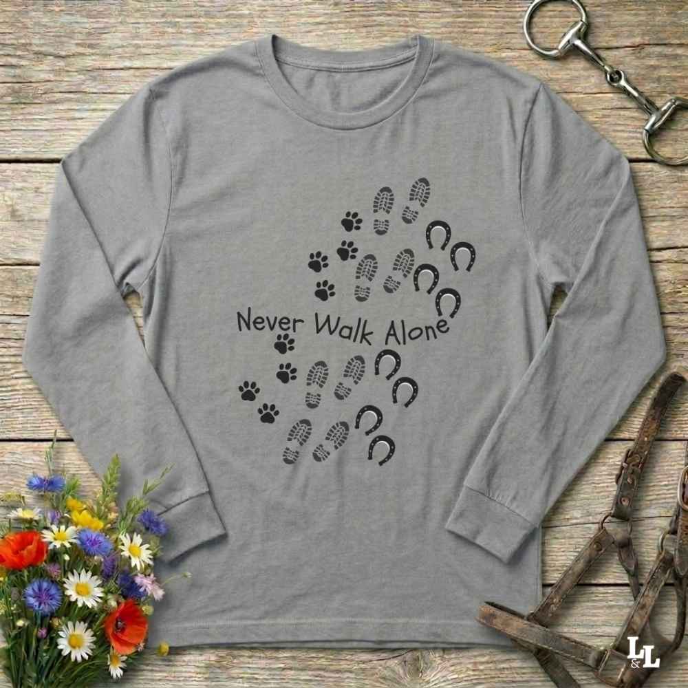 gray Walk Alone Long Sleeve Tee for Horse Lovers, Equestrian Apparel, Trail Riding Tee