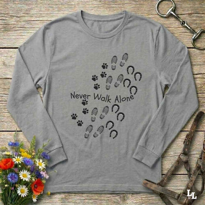 gray Walk Alone Long Sleeve Tee for Horse Lovers, Equestrian Apparel, Trail Riding Tee