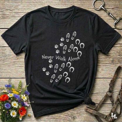 black Cozy unisex horse lover t-shirt featuring a pair of horses and the phrase ‘Never Walk Alone’”