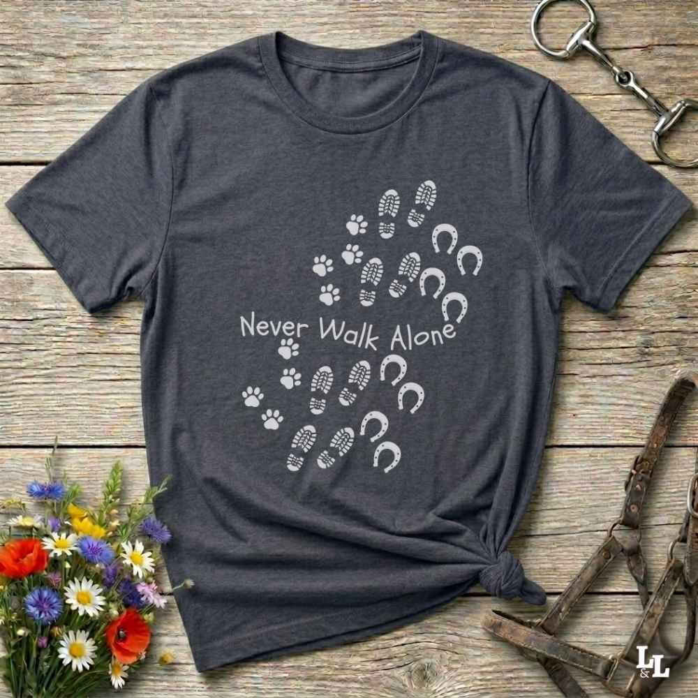 gray Cozy unisex horse lover t-shirt featuring a pair of horses and the phrase ‘Never Walk Alone’”