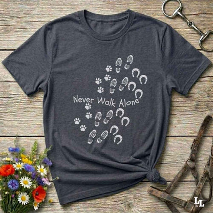 gray Cozy unisex horse lover t-shirt featuring a pair of horses and the phrase ‘Never Walk Alone’”
