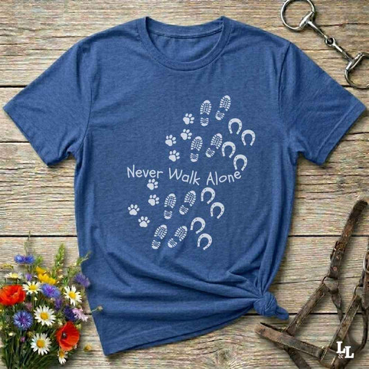 blue Cozy unisex horse lover t-shirt featuring a pair of horses and the phrase ‘Never Walk Alone’”