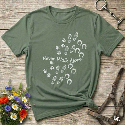 green Cozy unisex horse lover t-shirt featuring a pair of horses and the phrase ‘Never Walk Alone’