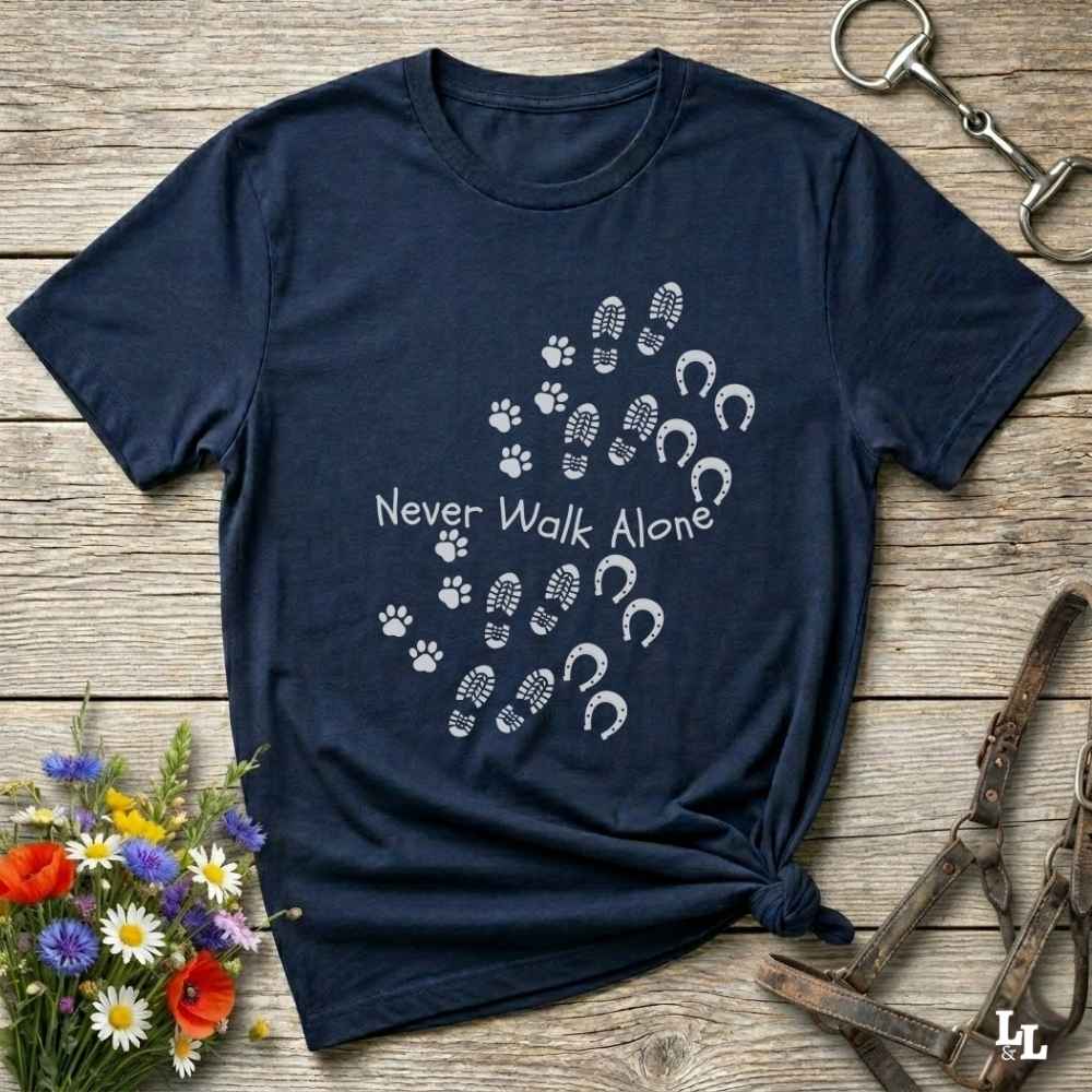 navy blue Cozy unisex horse lover t-shirt featuring a pair of horses and the phrase ‘Never Walk Alone’”