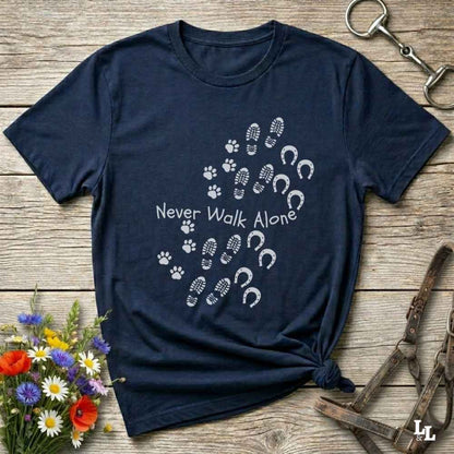 navy blue Cozy unisex horse lover t-shirt featuring a pair of horses and the phrase ‘Never Walk Alone’”