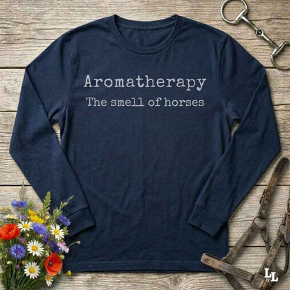 navy blue Aromatherapy Sweet Smell of Horses Long Sleeve Tee for Horse Lovers, Barn wear Riding Apparel