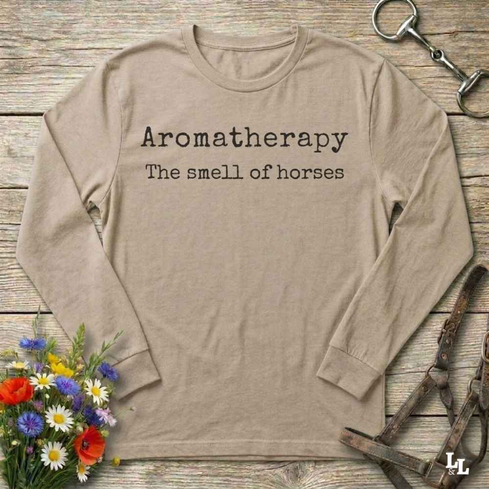 beige Aromatherapy Sweet Smell of Horses Long Sleeve Tee for Horse Lovers, Barn wear Riding Apparel