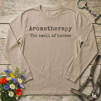 beige Aromatherapy Sweet Smell of Horses Long Sleeve Tee for Horse Lovers, Barn wear Riding Apparel