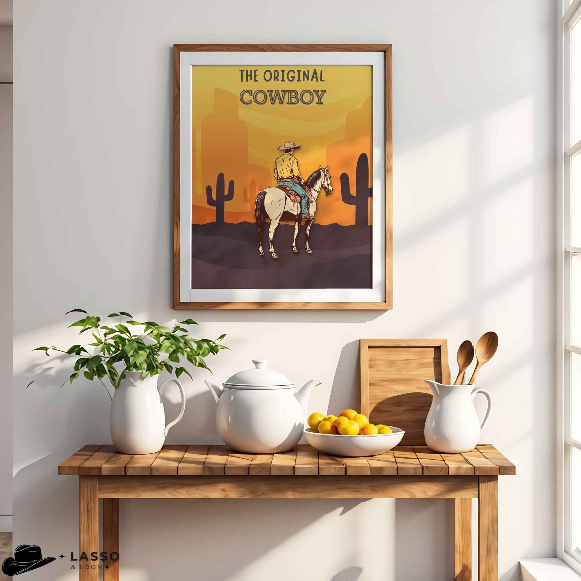 Designed for fans of country decor and cowboy lifestyle, this rustic western print complements any room. #RusticCowboy #HorseLoverArt 