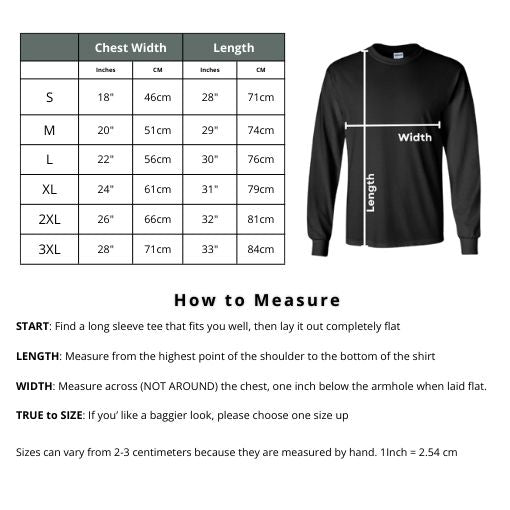 Black long-sleeve shirt with measurement chart on a white background