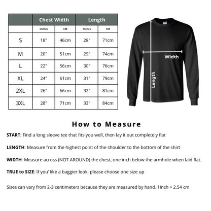 Black long-sleeve shirt with measurement chart on a white background