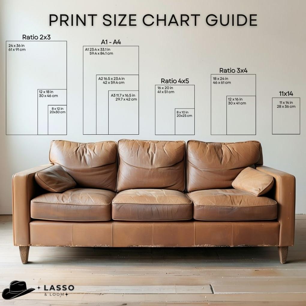 Brown leather sofa with print size chart guide on a neutral background