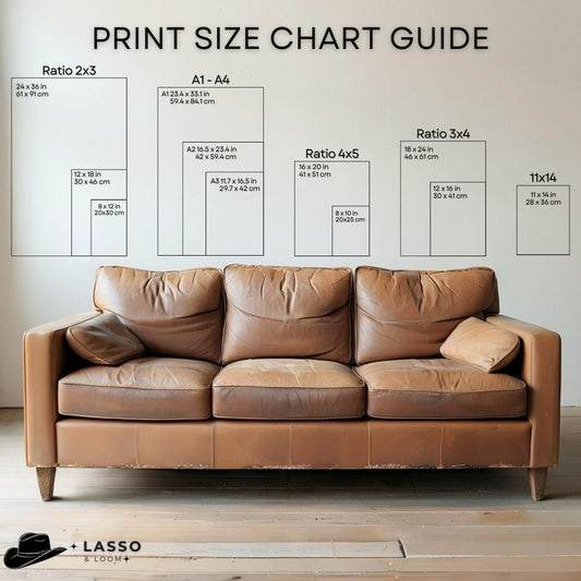 Brown leather sofa with print size chart guide on a neutral background