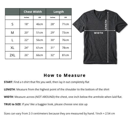 V-Neck tee size guide showing how to measure your t-shirt to order best size to match customer size.