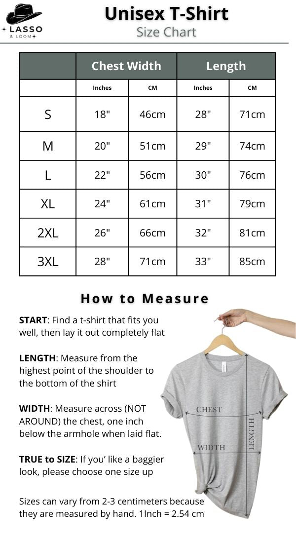 Unisex t-shirt size chart with measurements and a hand holding a t-shirt.