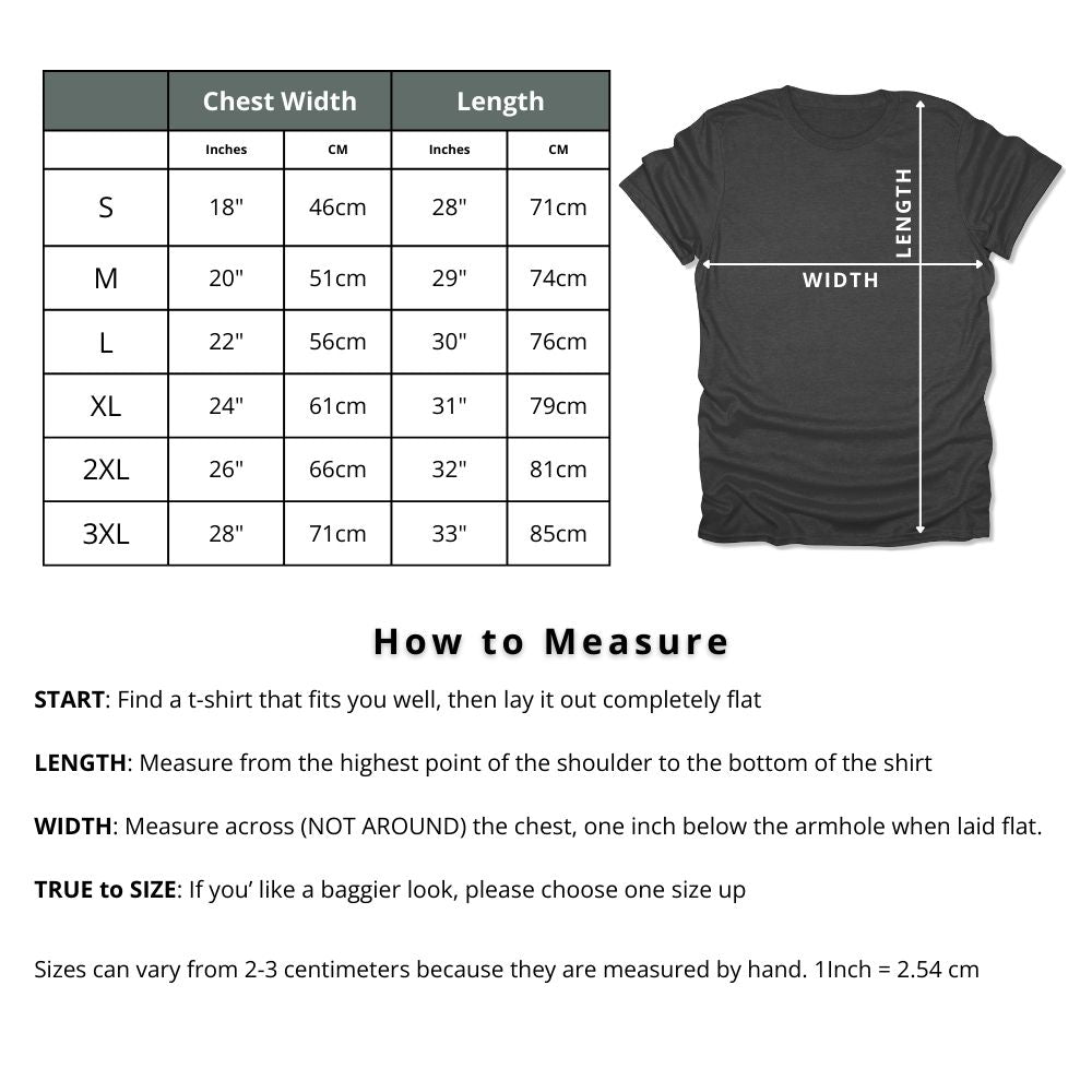 T-shirt size chart with measurements and how to measure instructions.