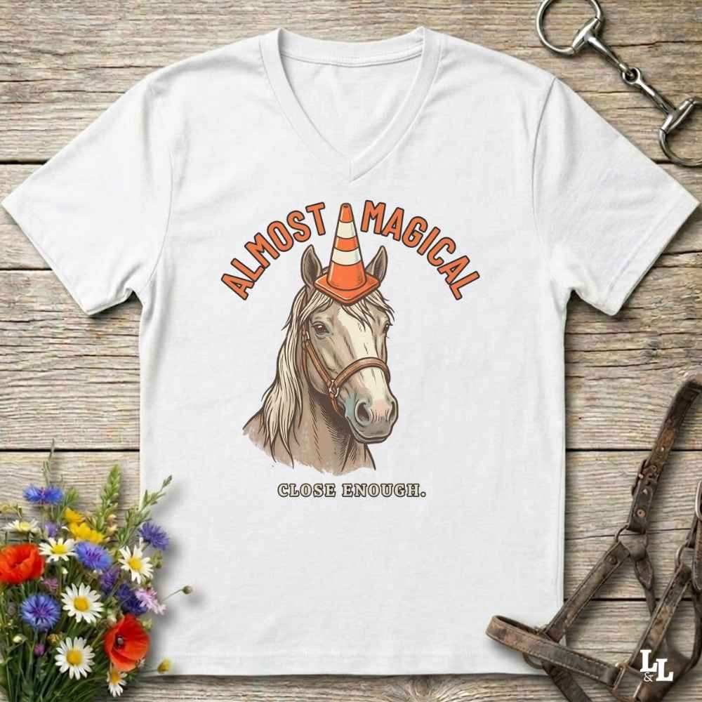 A white V-neck t-shirt laid flat on a rustic wooden surface, featuring a graphic of a horse wearing an orange and white traffic cone with the text 'ALMOST MAGICAL' above and 'CLOSE ENOUGH.' below.