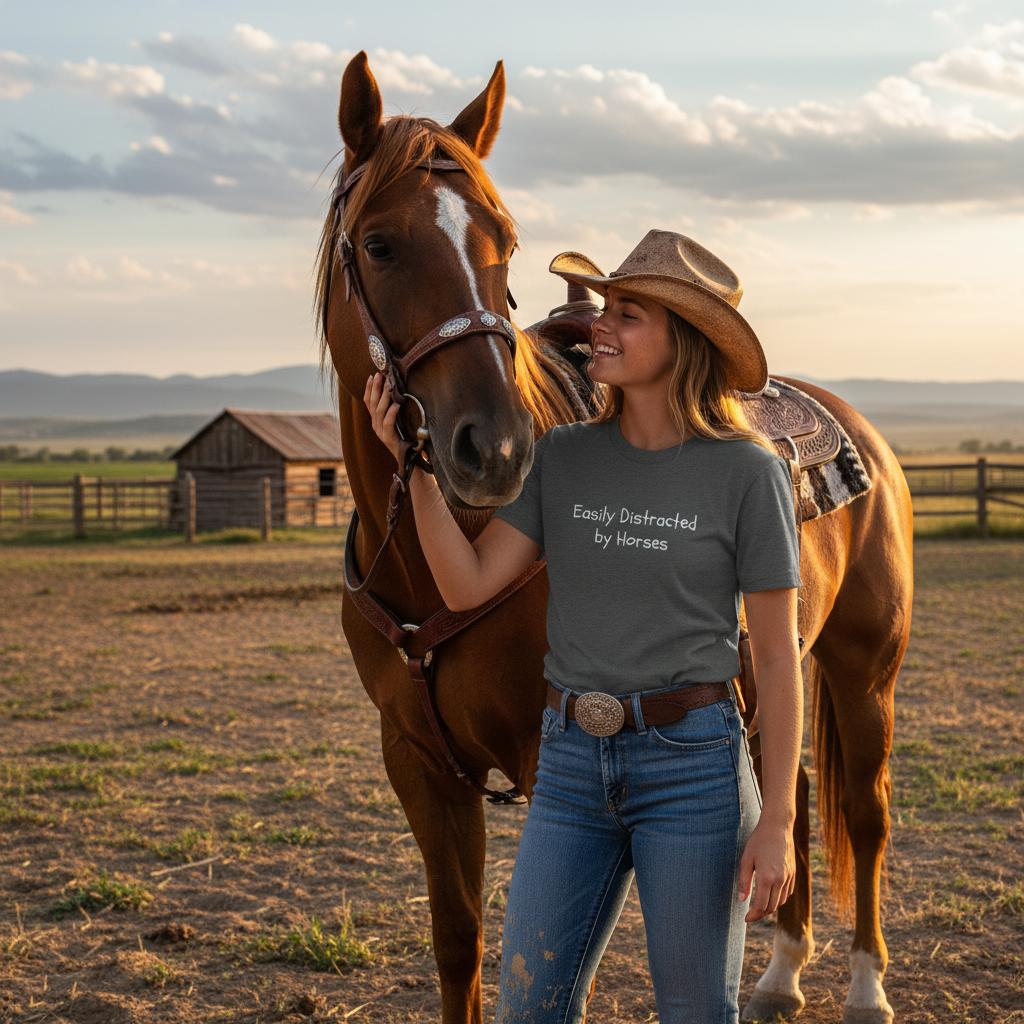 Easily distracted by Horses Horse T-Shirt, Horse Tee Shirt, Horse lover tee, cowgirl t-shirt, cowgirl with horse