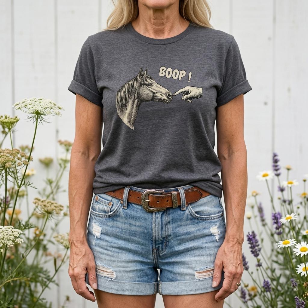 Gray t-shirt with horse graphic and 'BOOP!' text being warn by female model